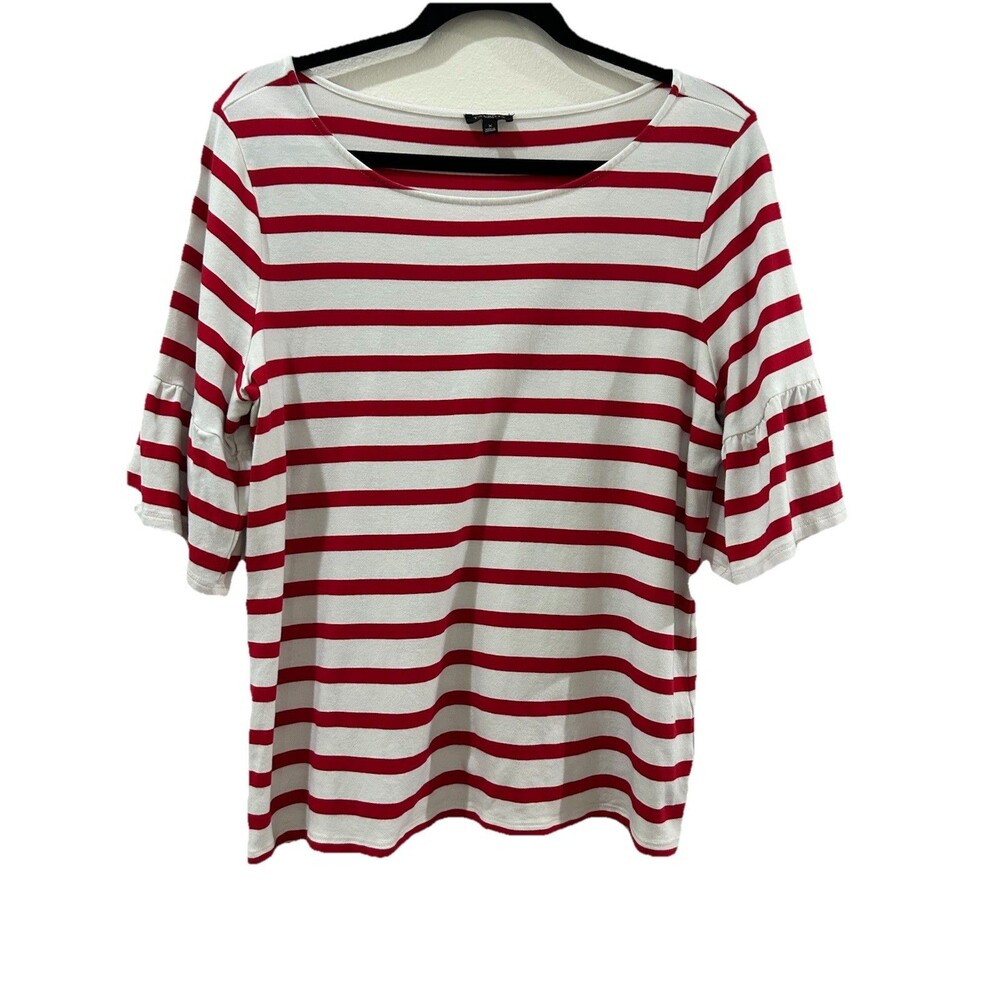 Talbots Womens 1X Top Red White Strip 3/4 Bell Ruffle Sleeve Pullover